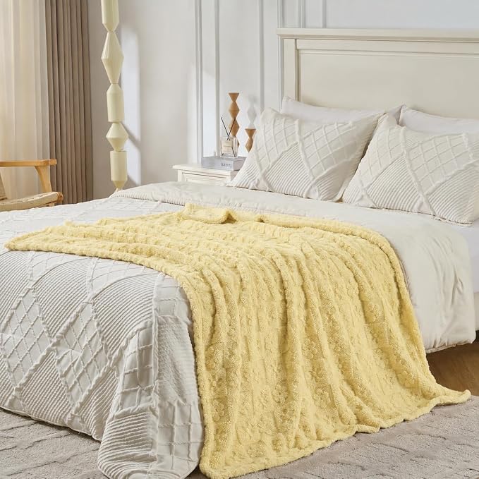 Yellow Floral Plush Throw Blanket 50 x 60 Inch, Soft Fuzzy Fleece, Cozy Decorative Blanket for Couch, Sofa, Bed and Bedroom