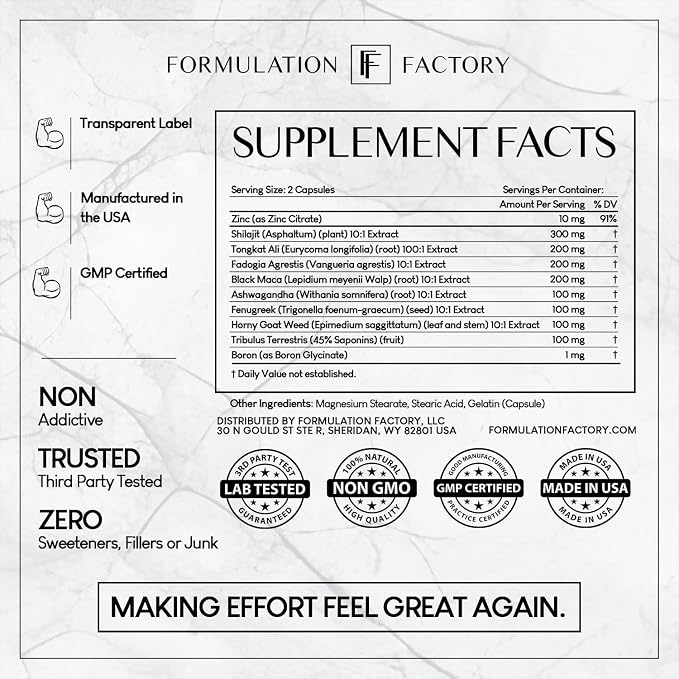 Formulation Factory Self Obsessed 10-in-1 Natural Testosterone Booster for Men, Testosterone Supplement for Men with Shilajit, Tongkat Ali, Fadogia Agrestis, 180 Capsules, 3 Month Supply