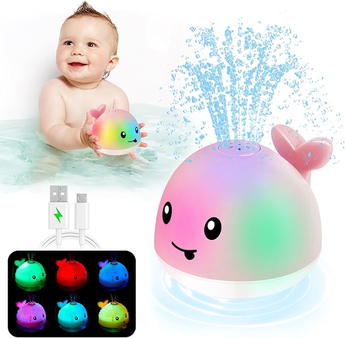 Baby Girl Bath Toys, Valentines Day Gifts for Babies 1 Year Old Girl Gifts, Toddler Bath Toys for Kids Ages 1-3, Light Up Whale Bath Toy Sprinkler Baby Toys 6-12-18 Months Bathtub Fountain Toy