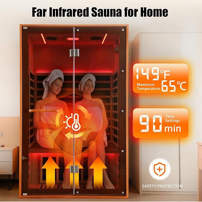 Infrared Sauna Home 2 Person Indoor Sauna Hemlock Wooden Dry Saunas 120V 1920W with Red Light, Oxygen Bar, Cup Holder, Bluetooth Speakers