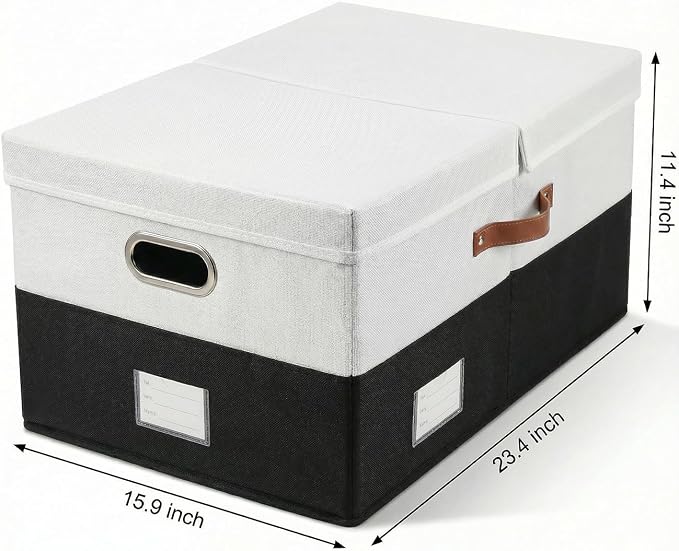 Storage Bins with Lids [3-Pack] Linen Fabric Foldable Storage Boxes Organizer Containers Baskets Cube with Cover for Bedroom Closet Office Grey&Black (23.4X15.9X11.4)