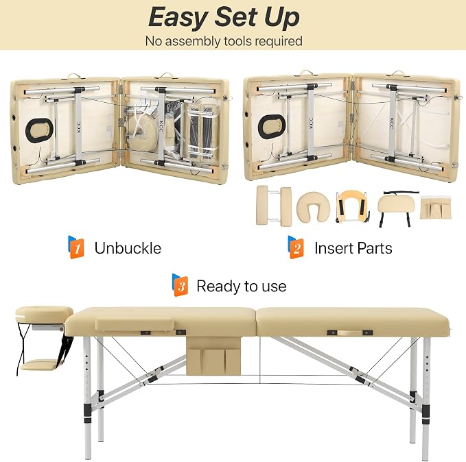 KCC Memory Foam Portable Massage Table, Foldable Tattoo Table Lash Bed Height Adjustable，28 Inchs Wide Home Salon Spa Bed Accessories &Carrying Case，Easy Set Up,Lightweight Aluminium Leg,Beige