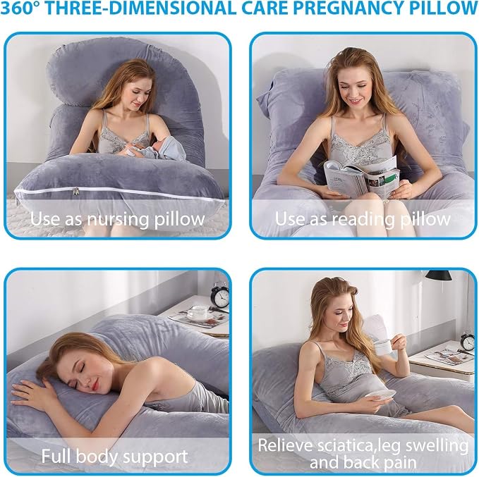 U-Shaped Full Body Pregnancy Pillow for Sleeping – 57" Maternity Pillow with Removable Cover, Support for Back, Legs, Belly & Hips (Velvet-Dark Grey)