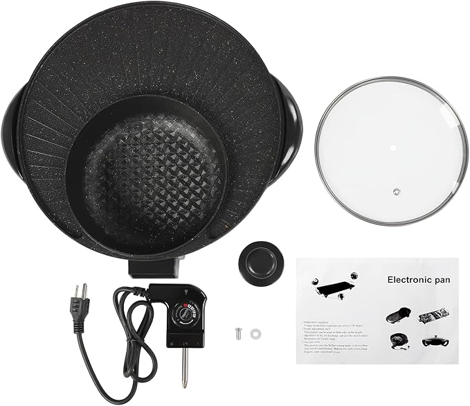 Electric Smokeless Grill and Hot Pot 2 in 1, Multifunctional Round Pot, Hot Pot Plate, Circular Edition Hotpot Grill Combo Korean BBQ, Non Sticky Pot Black 110v.