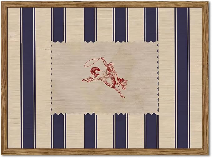 Vintage Western Wall Decor, Striped Rodeo Wall Art Mid Century Southwestern Cowboy Poster Canvas Prints Retro Horse Riding Artwork for Bedroom Living Room Farmhouse 16x24 inch Framed