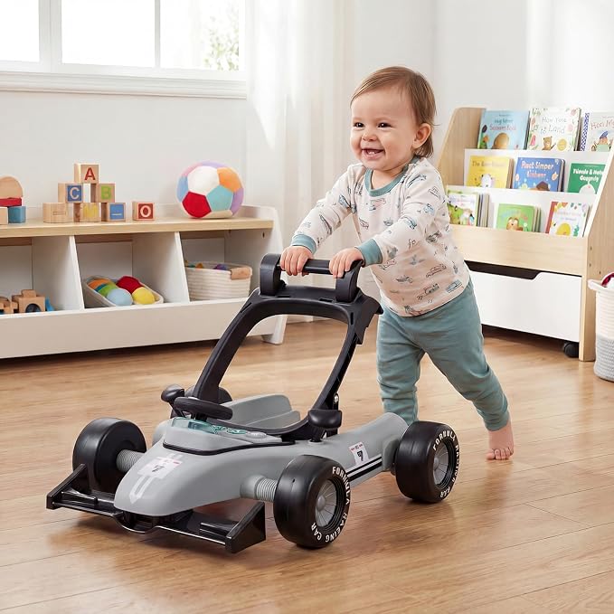 HONEY JOY Baby Walker, 4-in-1 Foldable Infant Activity Push Walker, Toddler Car Walker with Adjustable Heights, Music, Lights, Padded Seat, Baby Walker with Wheels for Boys Girls 6-18 Months (Gray)