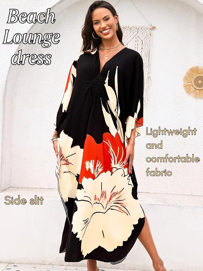 ChiaoLezhee Print Moo-Moos for Women, Kaftan Cover-Up Dresses, Sexy V-Neck High-Slit, Beach Pool-Party Coverups Muumuu Plus