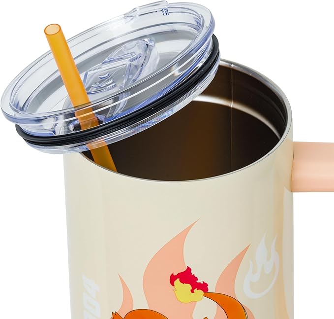 Silver Buffalo Pokémon Stainless Steel Tumbler with Handle Featuring Charmander, Fits in Standard Cup Holder, 40 Ounces