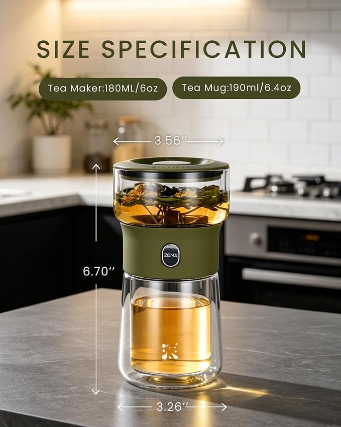 ZENS Modern Glass infuser Teapot, Small One Touch Tea Maker for Loose Tea Diffusers with 200ml Insulated Cup and Army Green Portable Carry Case, Magic Gongfu Tea Pot for Tea Lovers Gifts