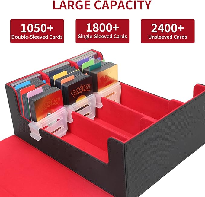 STYLIFING Card Deck Case for Trading Cards, 1800+ MTG Deck Box with Card Supporters & Divider Tabs, Trading Card Storage Box Fits For for YuGiOh, MTG, TCG and Sport Cards (Black & Red)