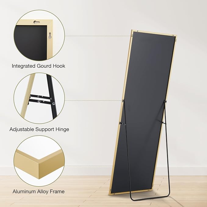 OLIXIS 64"x21.5" Full Length Mirror with Stand, Body Mirror | Shatter-Proof Glass, Hanging or Leaning for Wall, Floor Standing, Bedroom Living Room, Long, Gold