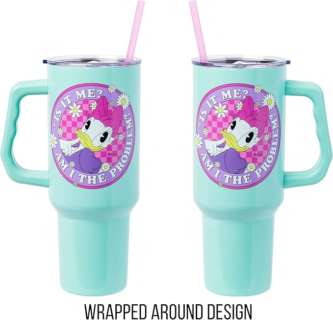Silver Buffalo Disney Daisy Duck “Is It Me? Am I the Problem?” Stainless Steel Tumbler with Handle, Fits in Standard Cup Holder, 40 Ounces