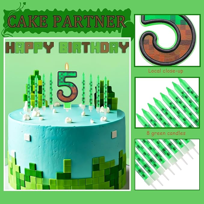 Pixels Themed 5th Birthday Candle, Pixels Cake Topper for Boys Girls, 9 Pcs Candle Set, Game Cartoon Theme Birthday Party Supplies (Number 5)
