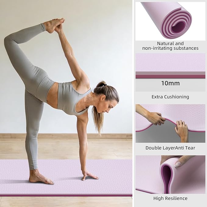 10mm0.4"TPE Yoga Mat Thick Wide Large for Home Workout Carrying Strap | Non Slip Exercise Mats Cushioned Joint-Friendly Stable,76"x28"Extra long Tapis Entrainement Au Sol Fitness,Pilates Gym Travel