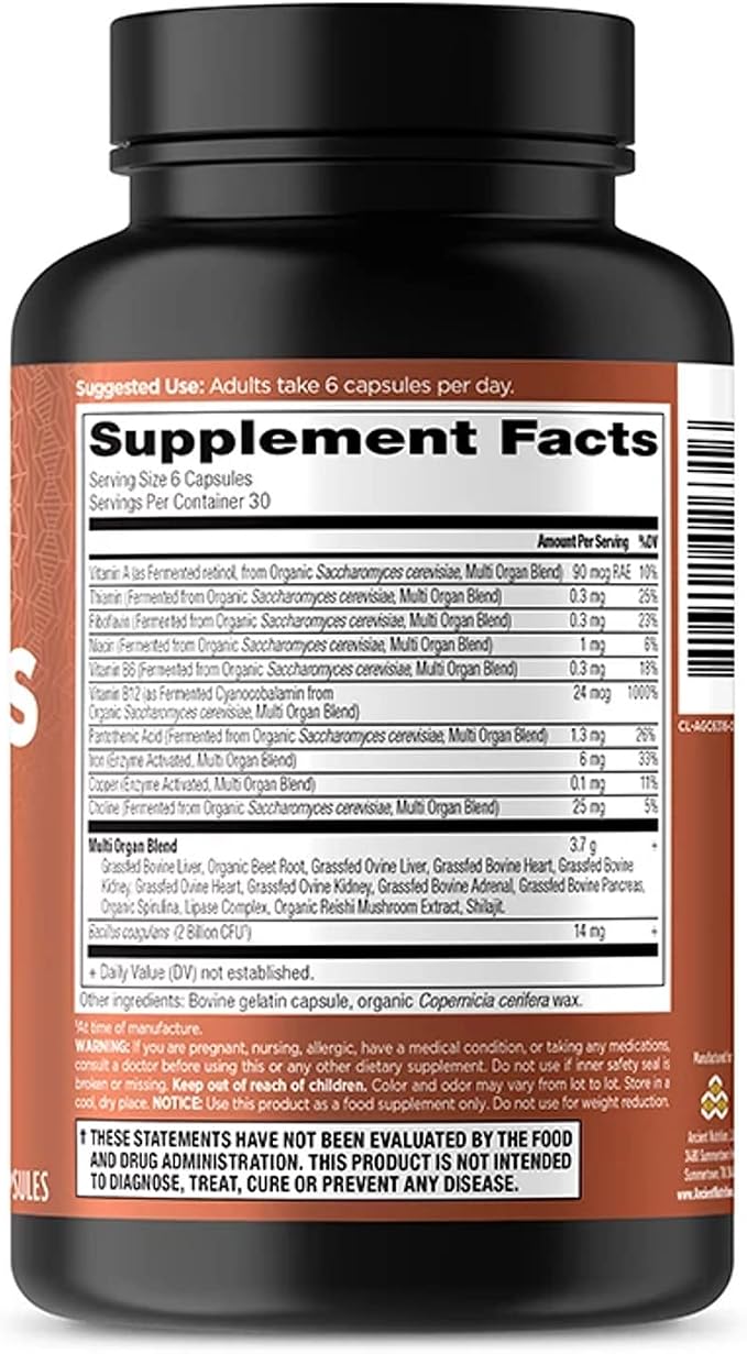 Ancient Nutrition Organ Supplements, Grass-Fed and Wild Organ Complex Capsules, Liver, Heart, Kidney Supports Organ, Cognitive, and Immune System Health, 180 Ct