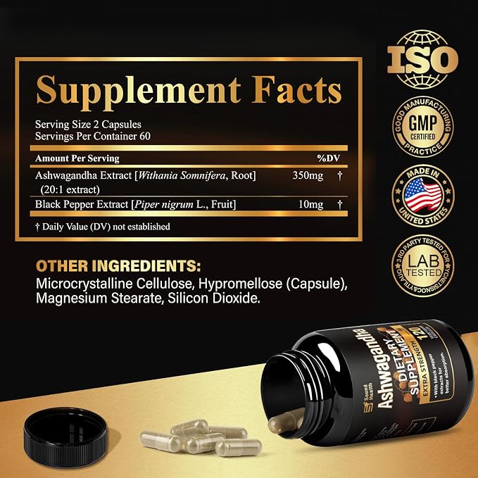 Ashwagandha Capsules Supplements - Ashwagandha for Women & Man, 120 Capsules (60 Servings)