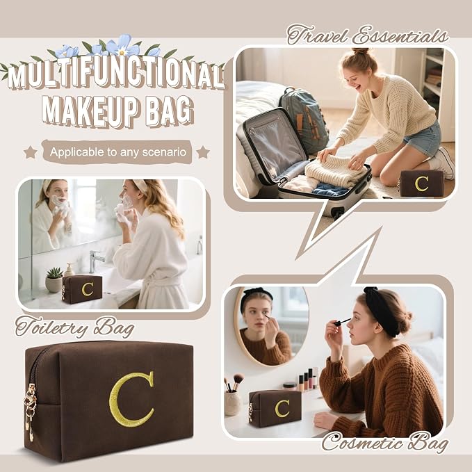 Personalized Initial Makeup Bag,Preppy Suede Cosmetic Bag for Teen Girls,Small Monogram Travel Toiletry Bag With Gold Embroidered Letter,Trendy Stuff Custom Christmas Gift for Women(Coffee-C)