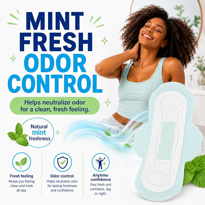 BST Mint Fresh Pads for Women, Breathable Thin Sanitary Napkins with Wings, Odor Control, Moderate Absorbency, Feminine Care, Active Lifestyle Use（Regular, 16 Count, Packaging May Vary