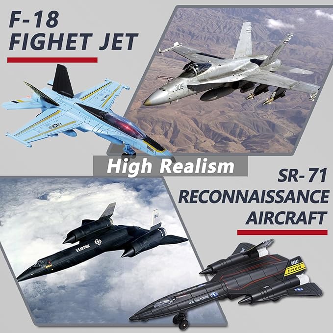 Double Fighter Jet Toy, F18 & SR71 Diecast Planes with Lights & Sounds, Pull Back Military Airplane Toy, Great Christ Gift for Toddler,Kids, Boys