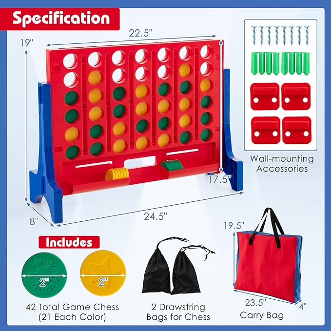COSTWAY Giant 4 in a Row Game with Storage Carry Bag, Jumbo 4-to-Score Game w Chess, Quick Release Slider for Kids Adults, Indoor Outdoor Backyard Connect Game Set (Blue&Red)