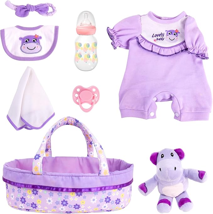 Aori 8 Pcs Reborn Baby Dolls Clothes with Bassinet for 16-18 Inch Reborn Doll, Purple Carrier Bed and Baby Doll Clothes Accessories fit Newborn Girl