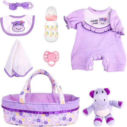 Aori 8 Pcs Reborn Baby Dolls Clothes with Bassinet for 16-18 Inch Reborn Doll, Purple Carrier Bed and Baby Doll Clothes Accessories fit Newborn Girl