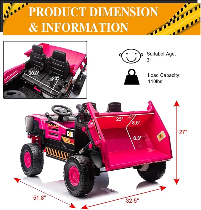 POSTACK 24V 8Ah Ride on Tor for Toddlers, 4WD Power 4 Wheels Electric Ride on Dump Truck, 2 Seater Kids Ride on Car w/Parent Remote Control, Music Bluetooth Shovel, Up to 5MPH, Pink