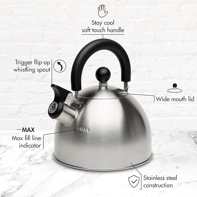 Primula Stewart Whistling Tea Kettle for Stovetop, Stainless Steel Stove Top Kettle with Fast Boil Whistling Spout and Cool Touch Folding Handle, 1.5-Quart, Brushed Silver with Black Handle