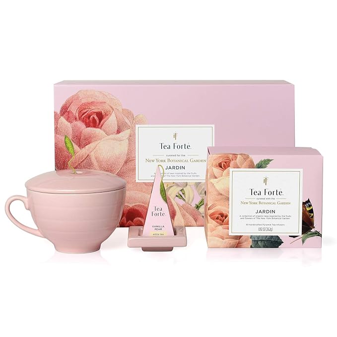 Tea Forte Gift Set with Cafe Cup, Tea Tray, Mini Presentation Box with 10 Handcrafted Pyramid Infuser Tea Bags, Jardin Tea