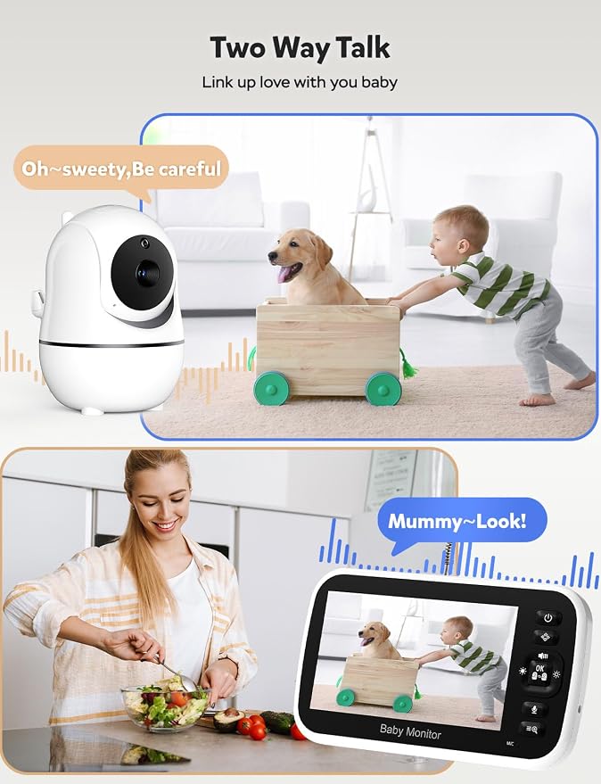 GoodBaby 5" Split Screen Baby Monitor with 2 Cameras and Audio, No WiFi Secure FHSS, 30-Hour Battery, Remote PTZ, Auto Night Vision, Room Temperature, Two-Way Audio，Lullabies，1000ft Range