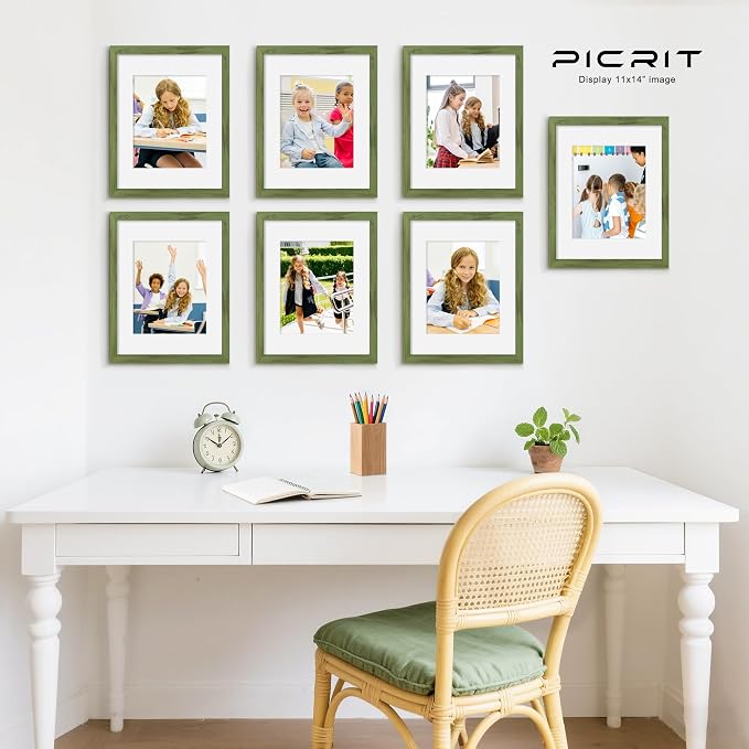 Picrit 11x14 Picture Frame Set of 12, Display 8x10 with Mat or 11x14 without Mat, Photo Frames for Wall Mounting or Table Top Display, Green Wood Grain