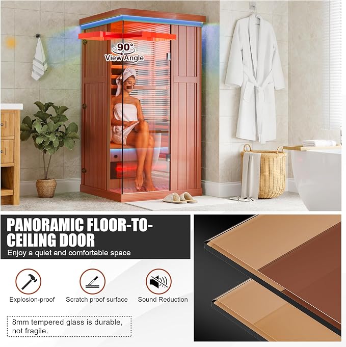 MEISSALIVVE Full Spectrum Infrared Sauna，1 Person Home Sauna， Red Cedar Indoor Spa Sauna with Resonance Speaker and Tempered Glass