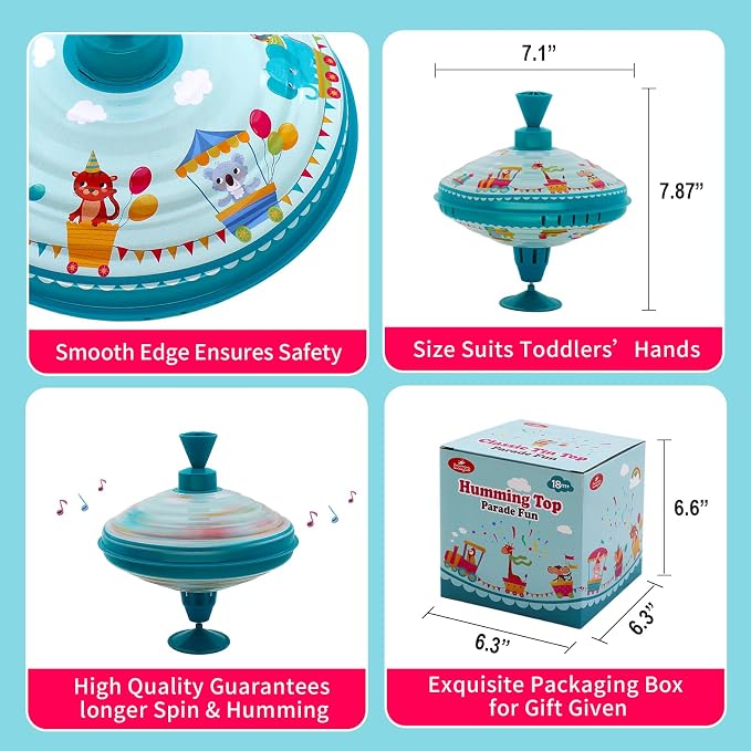 Humming Top Tin Spinning Top for Baby 18 Months and up, Classic Retro Toys for Toddler, Pump Spinner with Base, Parade Fun 7.9” Large Size
