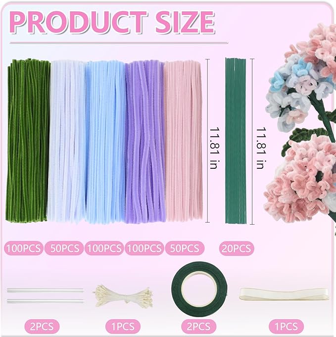 400 Pcs Pipe Cleaners Craft,5 Assorted Colors Pipe Cleaners Bulk, Chenille Stems for DIY Flower Making Kit with Floral Wires, Gardening Tape,Stamen& Ribbon (Colorful)