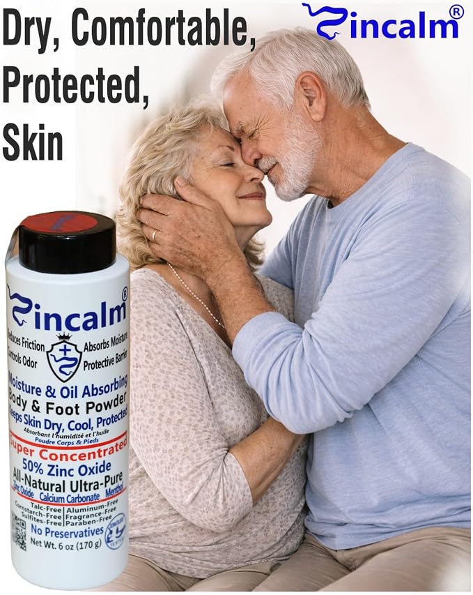 Zincalm All-Natural Body & Foot Powder, Concentrated 50% Zinc, Cornstarch-Free Moisture/Odor Absorbing Anti-Chafing/Friction, Itch Relief Formula for Dry/Cool Skin with Ultra-Pure Calcium & Menthol