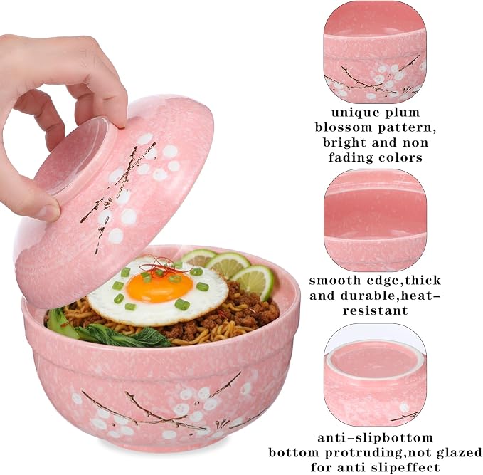 MAQUITA 2 Pack 27oz Ceramic Ramen Bowl with Lid Microwavable Japanese Korean Soup Bowl Clay Pot Dinnerware for Noodle Rice Porridge