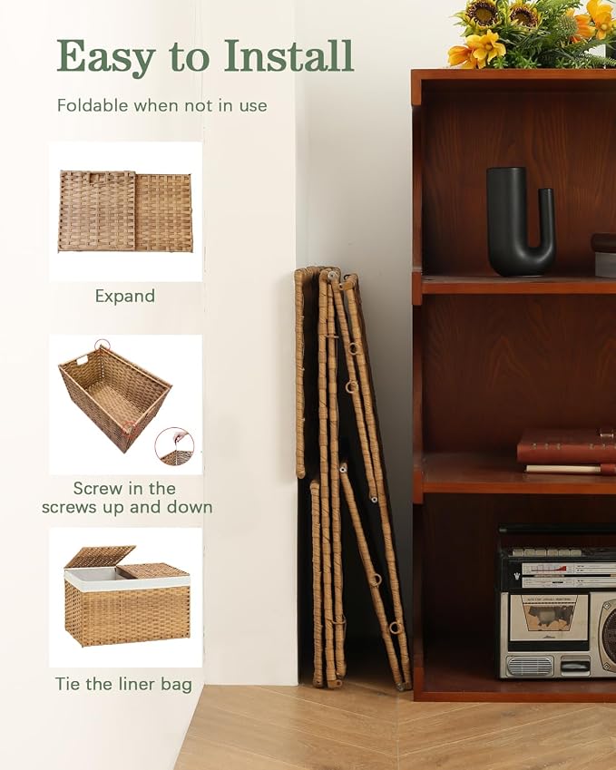 SETVSON Storage Basket with Lid, 2-Lid PE Rattan Storage Bin, Natural | 160L Storage Bin with 2 Separate Lids, 2 Removable Liners for Clothes & Blankets, Sturdy Metal Frame, PE Rattan