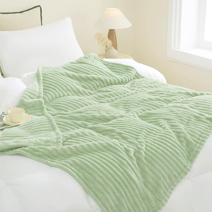 Cream Green Fleece Throw Blanket 60”×80” for Couch Sofa Livingroom | Super Soft Cozy Plush Microfiber Flannel Bed Blanket Striped Design Lightweight Home Decor Gifts for Adults Mom Women