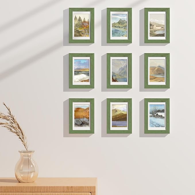 Vittanly 4x6 Picture Frames Set of 9, Wall & Tabletop, Rustic Green | Display Pictures 3.5x5 with Mat or 4x6 without Mat, Small Photo Frames, Engineered Wood with Shatter Resistant Plexiglass