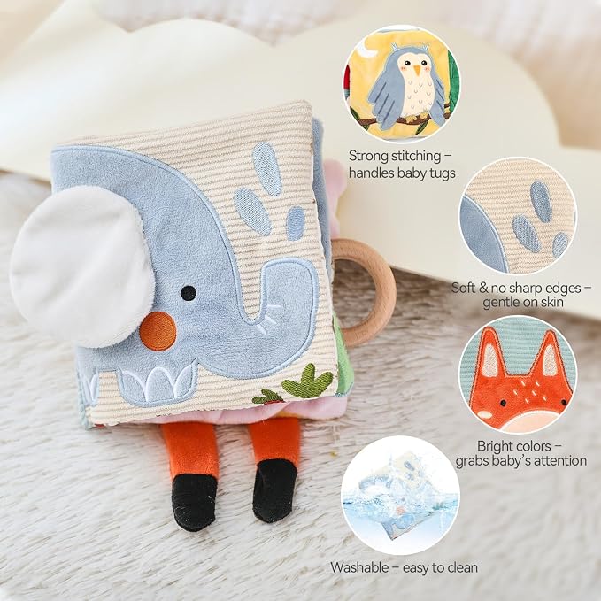 let's make Elephant Soft Baby Books for 0-6-12 Months, Montessori Sensory Tummy Time Toys with Crinkle & Mirror, Teething Toy, Washable Newborn for Boys Girls
