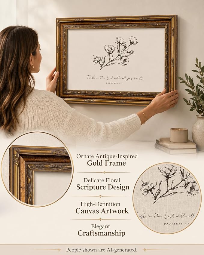 Vintage Gold Framed Floral Wall Art, Christian Bible Verse, 12 x 16 in | Sketch floral scripture canvas for living rooms, bedrooms, hallways, prayer spaces, churches, or meaningful Christian gifts.