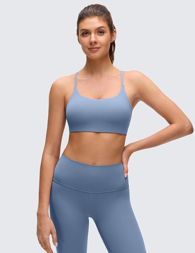 CRZ YOGA Butterluxe Twist Cross Back Sports Bras for Women - U Neck Padded Adjustable Spaghetti Straps Yoga Top