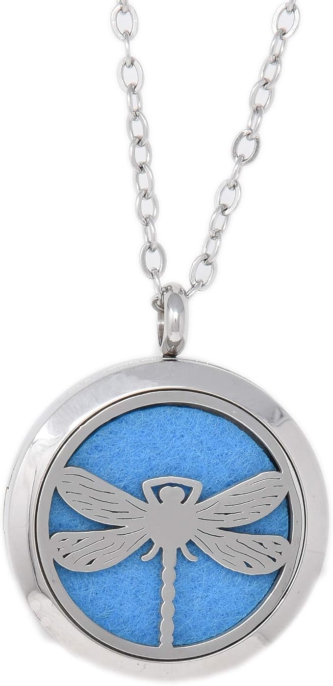 Aromatherapy Essential Oil Diffuser Stainless Steel Silver 30 MM Magnetic Locket Pendant 2 Sizes Chain Necklace, Refill Pads & Diffuser Bracelet in a Velvet Bag (Dragonfly)