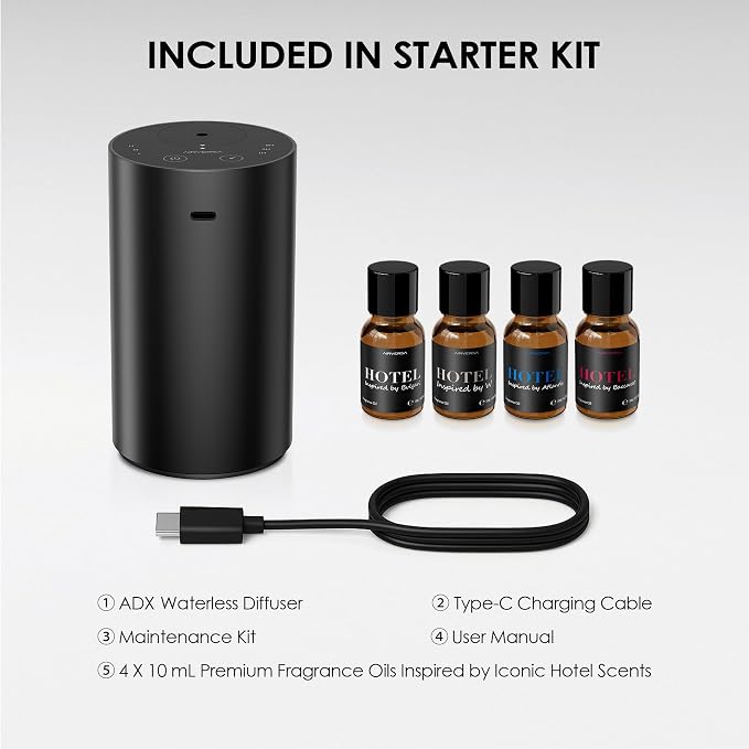 Airversa ADX Waterless Essential Oil Diffuser Starter Kit, Black | 4 x 10mL Hotel Scent Fragrance Oi, Up to 600 sq ftl, Battery Operated, Portable for Home Car Office, ADXKit-4x10-01