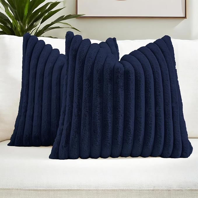 FUTEI Pack of 2 Faux Fur Throw Pillow Covers 20x20 Inch, Dark Navy | Fluffy Faux Rabbit Fur Front/Premium Velvet Back,Hidden Zipper,Machine Washable,Non-Shedding,Colorfast,Insert Not Included.
