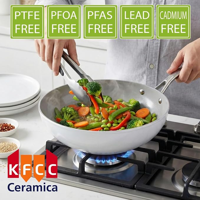 TECHEF - CeraTerra 12" Ceramic Nonstick Flat Bottom Wok/Stir-Fry Pan - PFOA, PTFE, PFAS Free, Dishwasher and Oven Safe, Made in Korea (12-in)