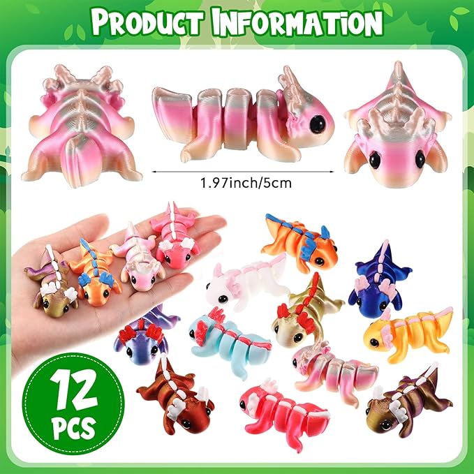 Honoson 12 Pcs 3D Printed Fidget Toy 3D Printed Axolotl Small Animal Toy Flexible Cute Articulating Pet Stress Relief Fidget Toys for Play and Display(5cm)