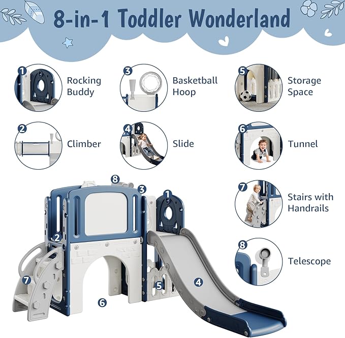 Garvee 8-in-1 Toddler Slide Indoor & Outdoor Playground Playset for Kids-Includes Climber, Basketball Hoop, Telescope, Tunnel, and Storage Space for Backyard & Courtyard Fun