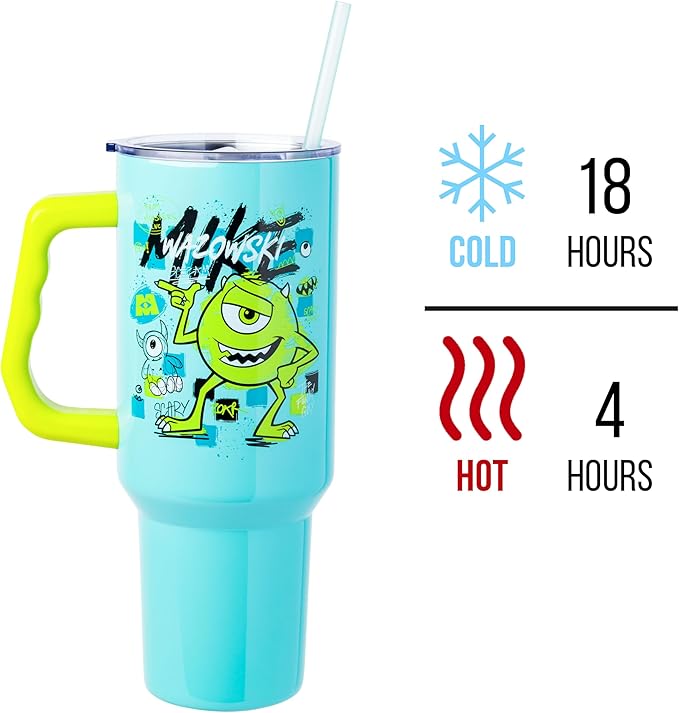 Silver Buffalo Disney Pixar Monsters Inc. Double Walled Stainless Steel Tumbler with Handle Featuring Mike Wazowski, Fits in Standard Cup Holder, 40 Ounces