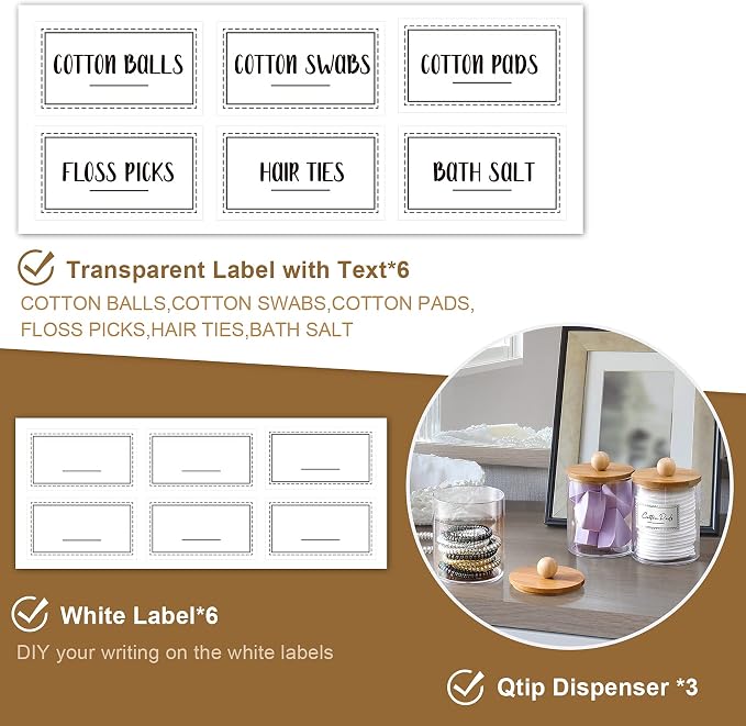 VITEVER 3 Pack Qtip Holder Dispenser with Bamboo Lids - 10 oz Clear Plastic Apothecary Jar Containers for Vanity Makeup Organizer Storage - Bathroom Accessories Set for Cotton Swab, Ball, Pads, Floss